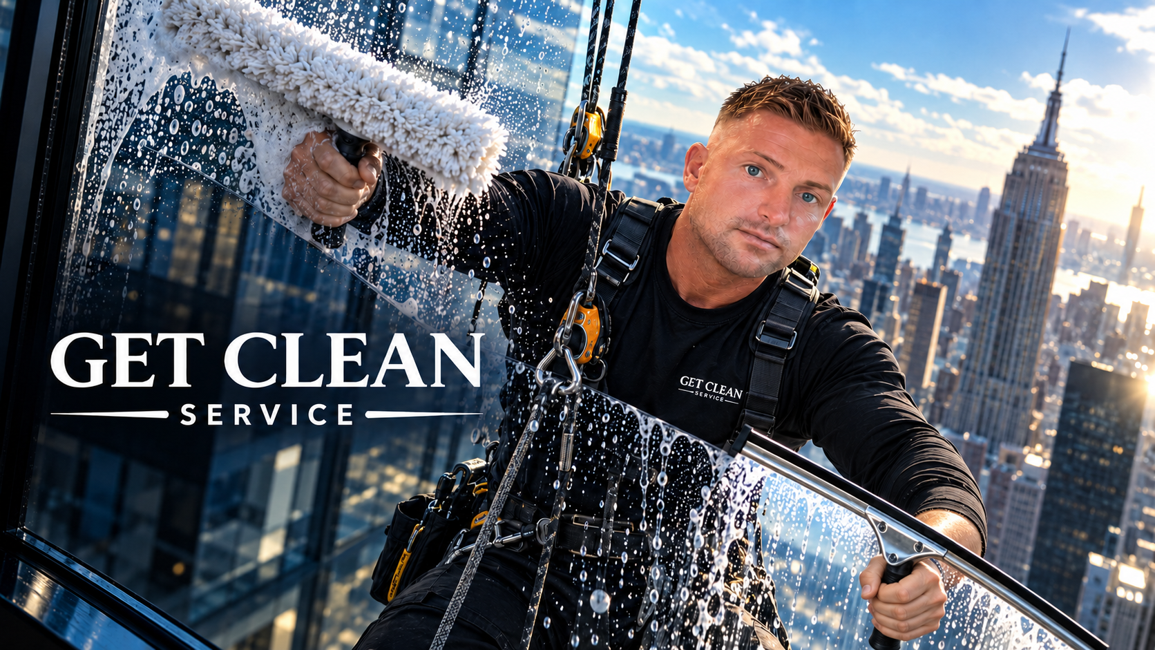 Kreatives KI-Werbemotiv für Get Clean Service: Fensterreiniger im schwarzen Langarmshirt mit Einwascher und Abzieher vor der New Yorker Skyline